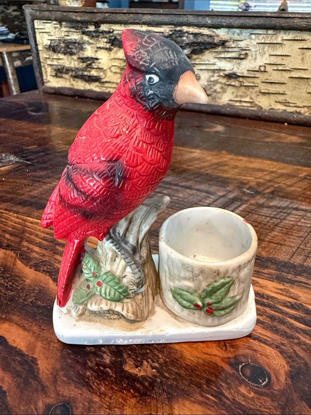 Luvkin Songbirds Cardinal Toothpick Holder with Holly Accents (1979)